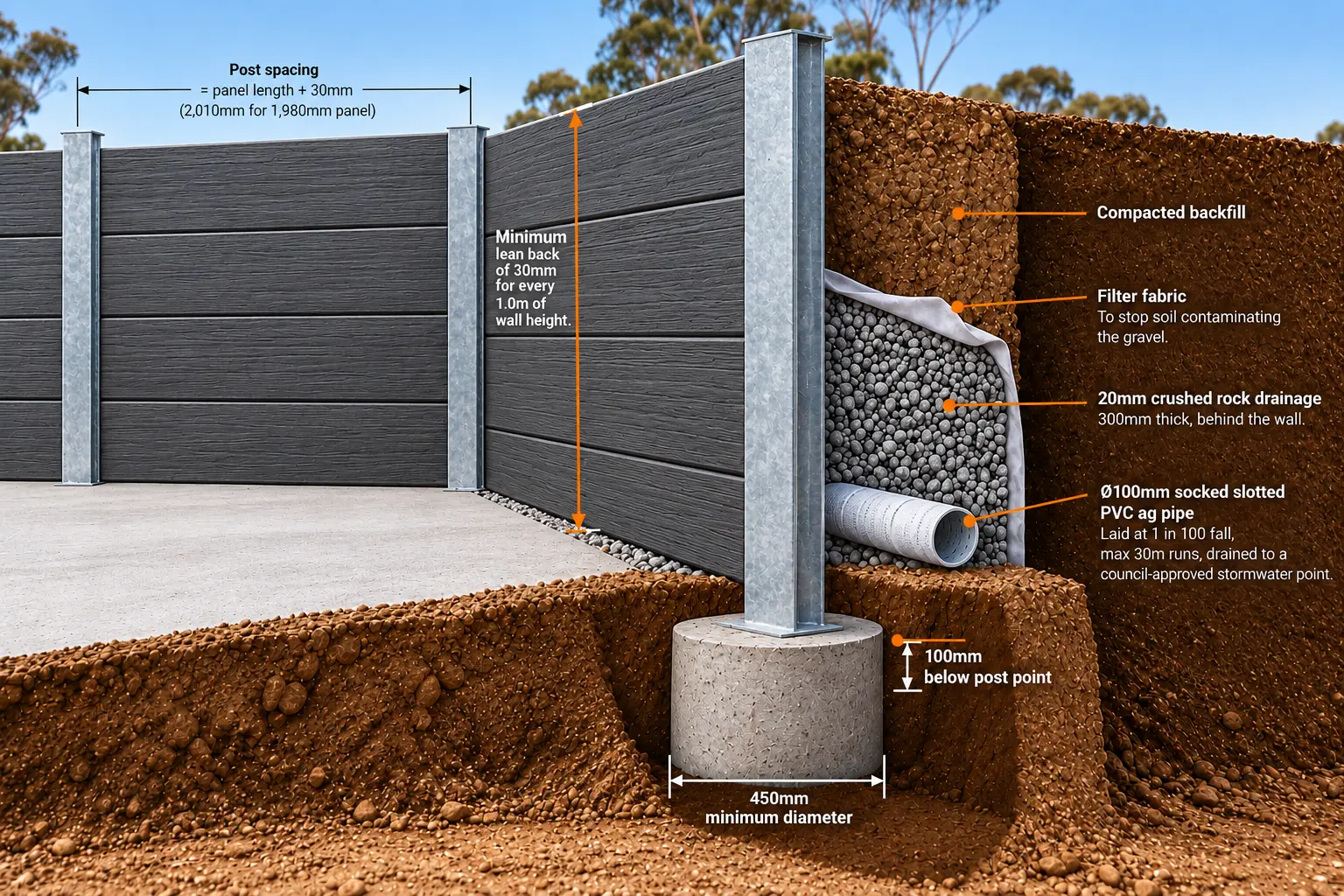 Concrete Panel Retaining Walls cutaway diagram showing steel posts, precast panels and drainage