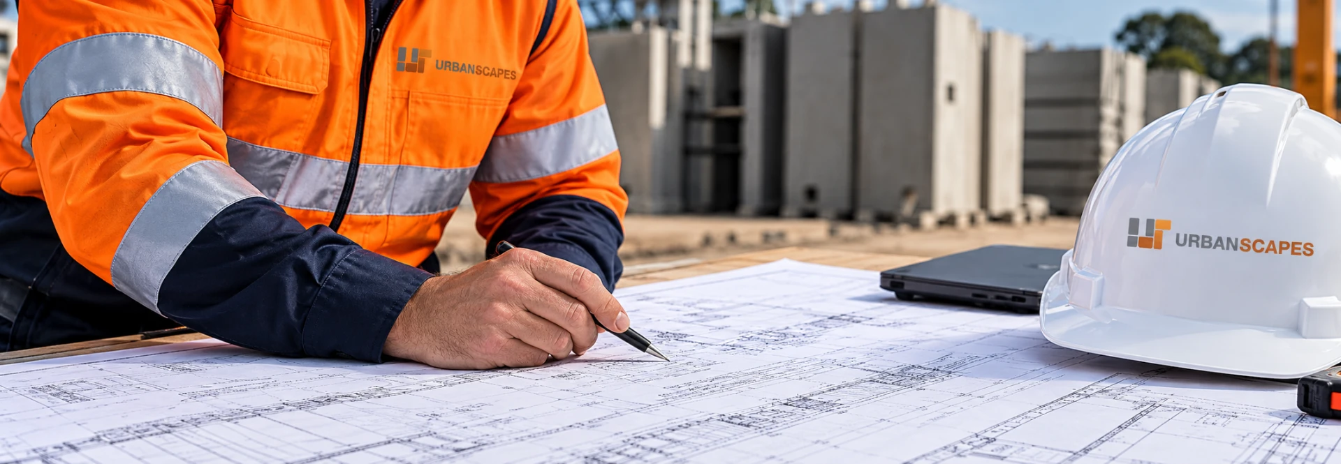 Illustrative civil engineers coordinating construction drawings on site