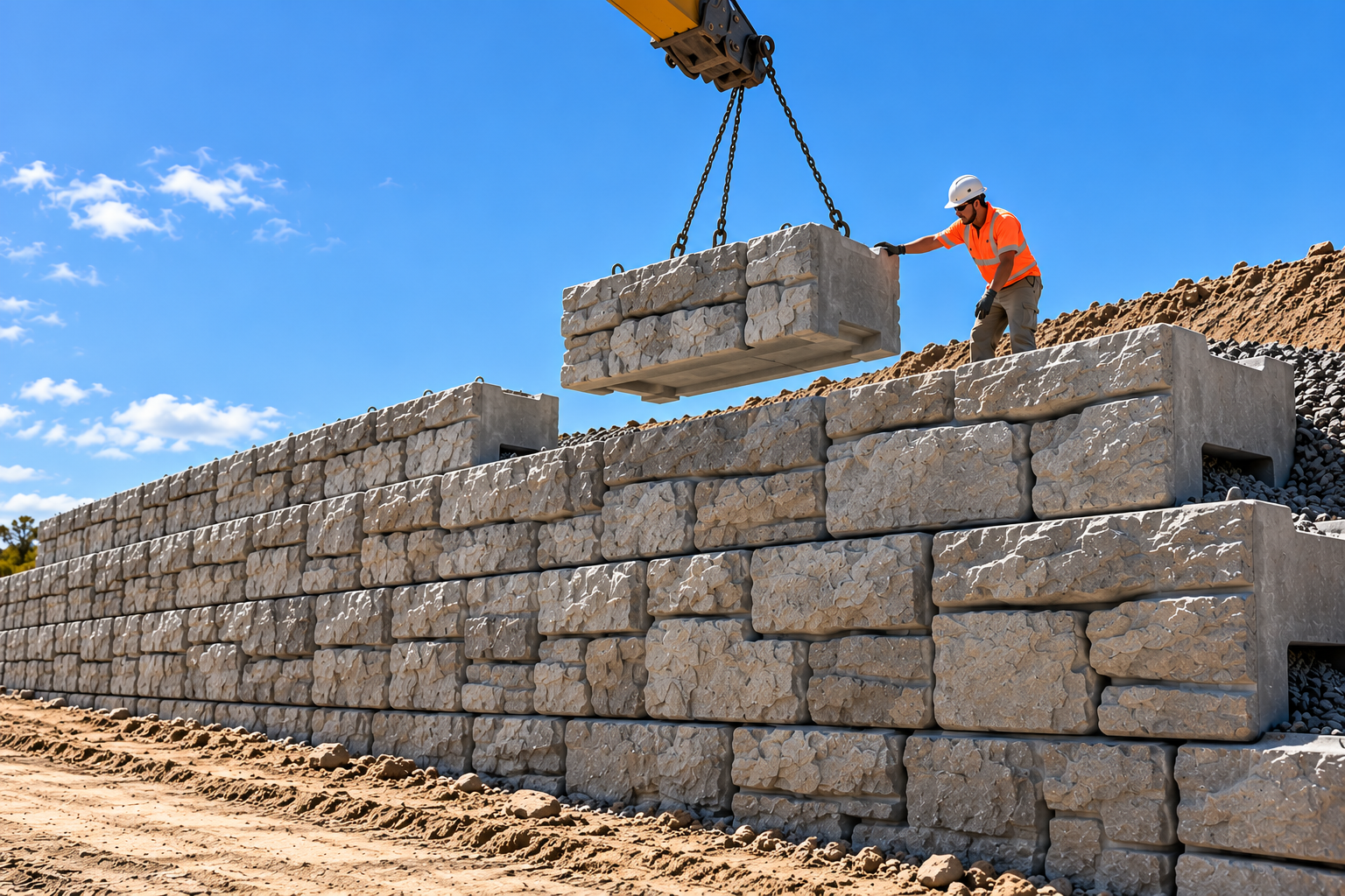 Crew guiding a large interlocking concrete block into place