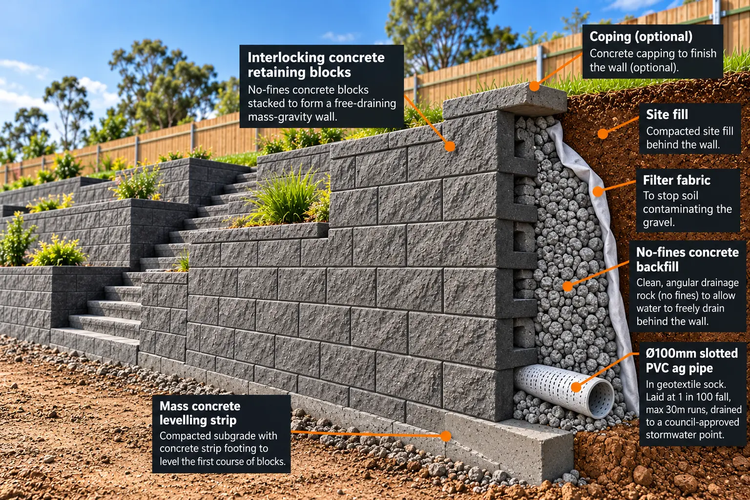 No-Fines Gravity Walls cutaway diagram showing steel posts, precast panels and drainage