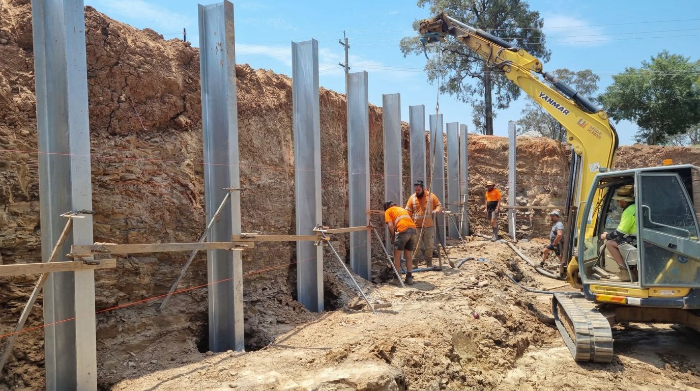 Urbanscapes crew installing steel posts for a retaining wall
