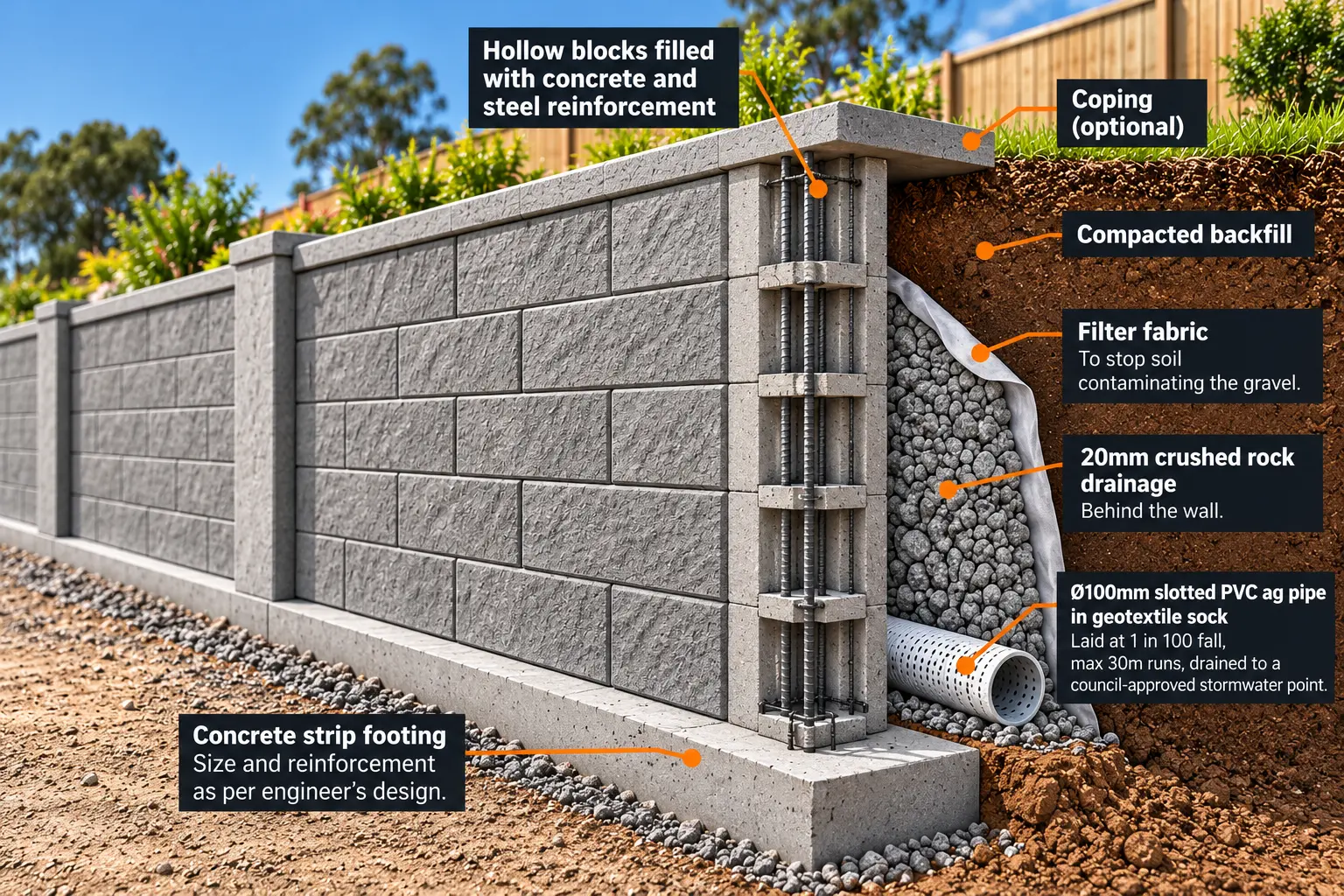 Core-filled block retaining wall guide showing hollow blocks with steel reinforcement, strip footing, drainage gravel, filter fabric and slotted ag pipe