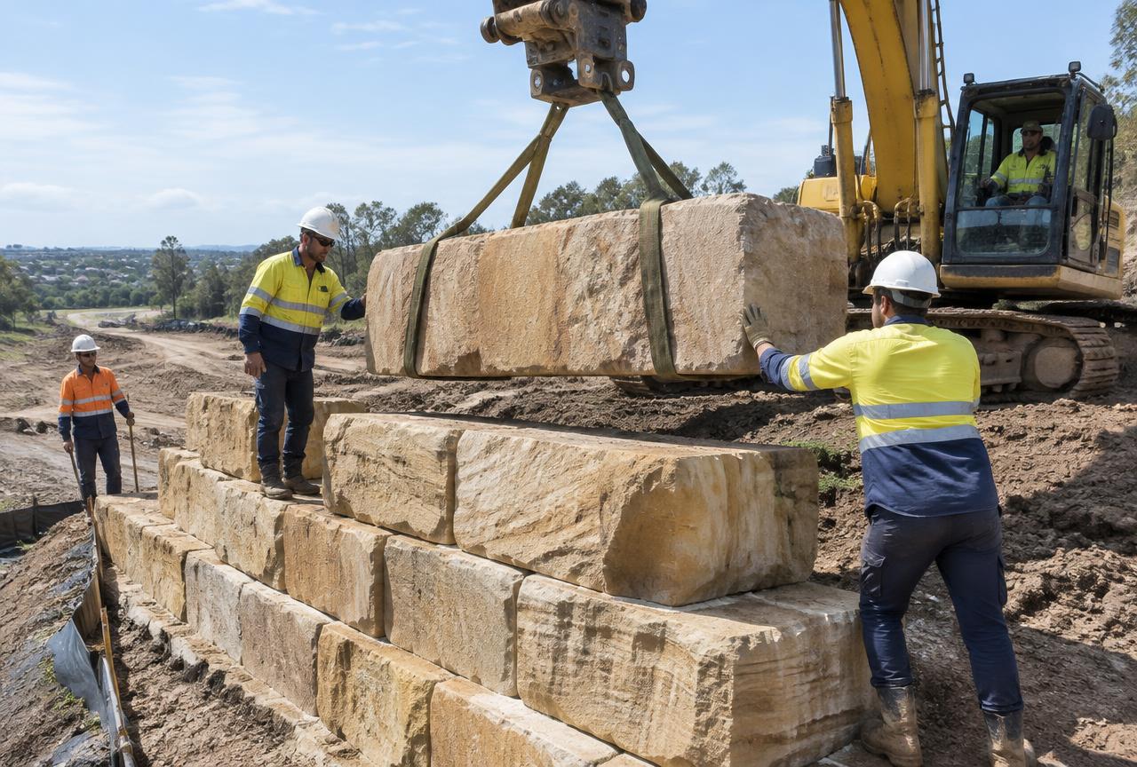 Crew guiding a sandstone log into place on a retaining wall