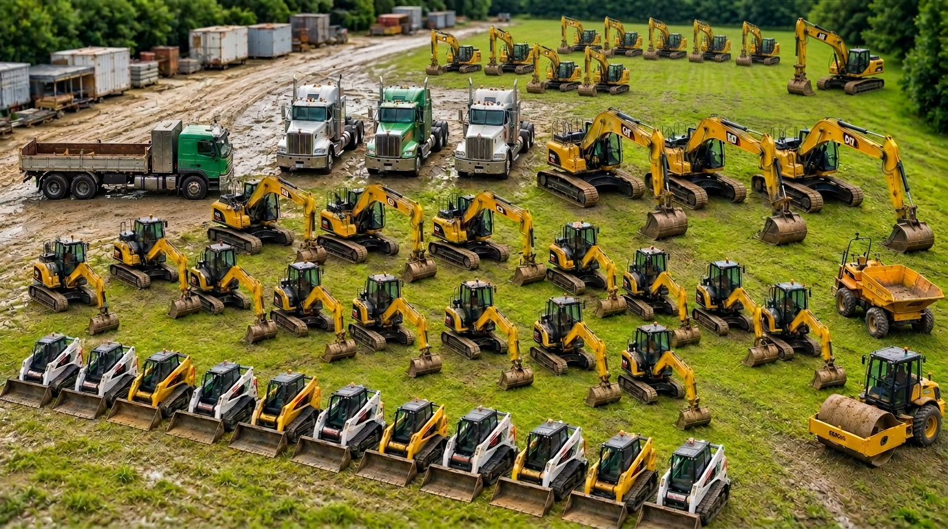 Organised construction fleet with excavators, track loaders, trucks and a roller