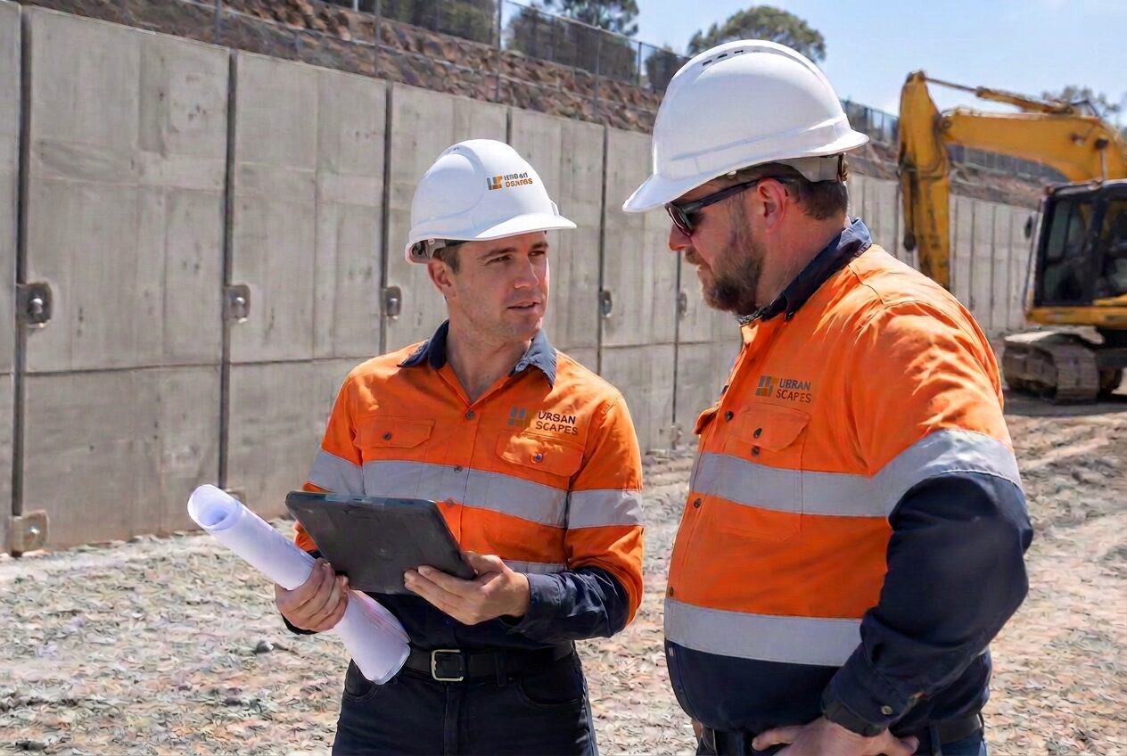 Engineer reviewing drawings with a site manager on a retaining wall project (illustrative)