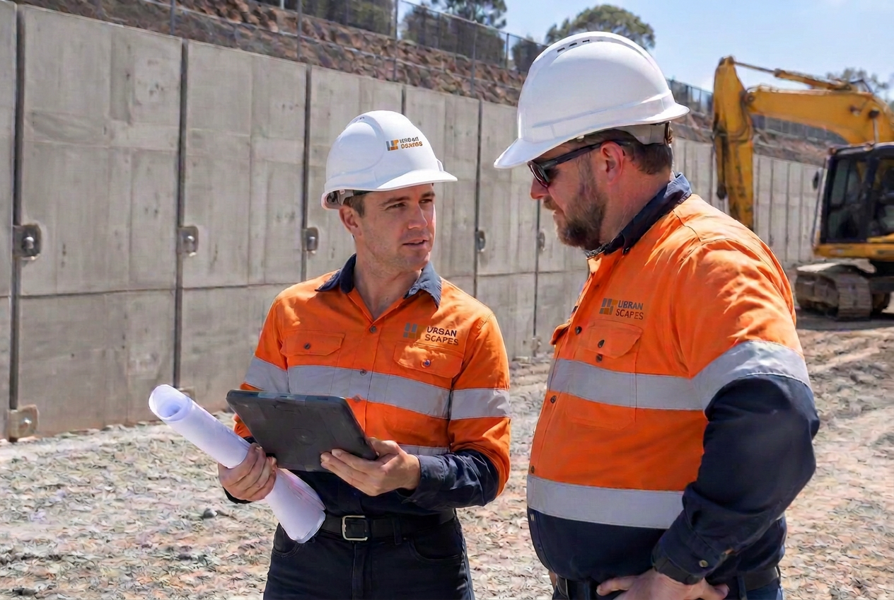 Engineer reviewing drawings with a site manager on a retaining wall project (illustrative)