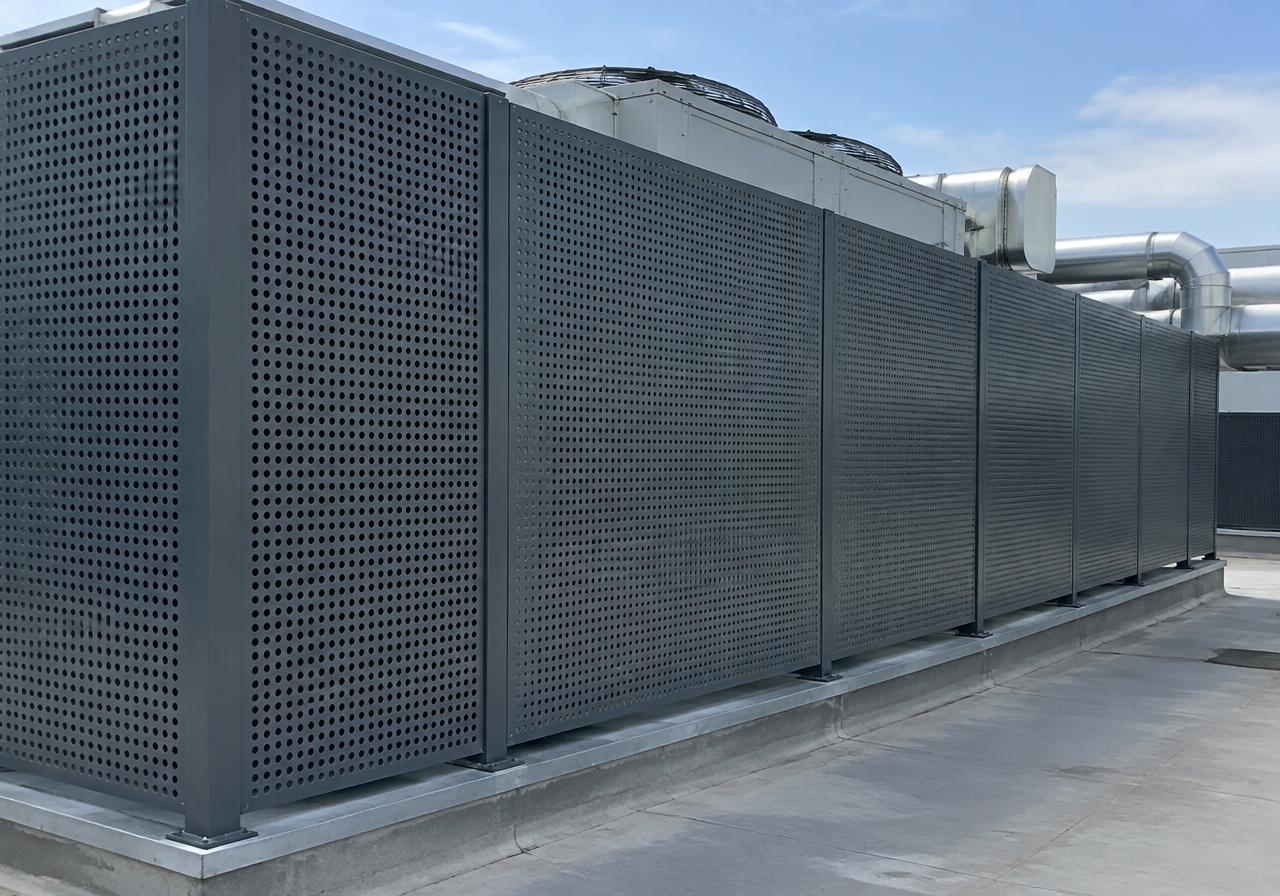 Illustrative perforated aluminium sound absorb wall panels enclosing rooftop mechanical plant