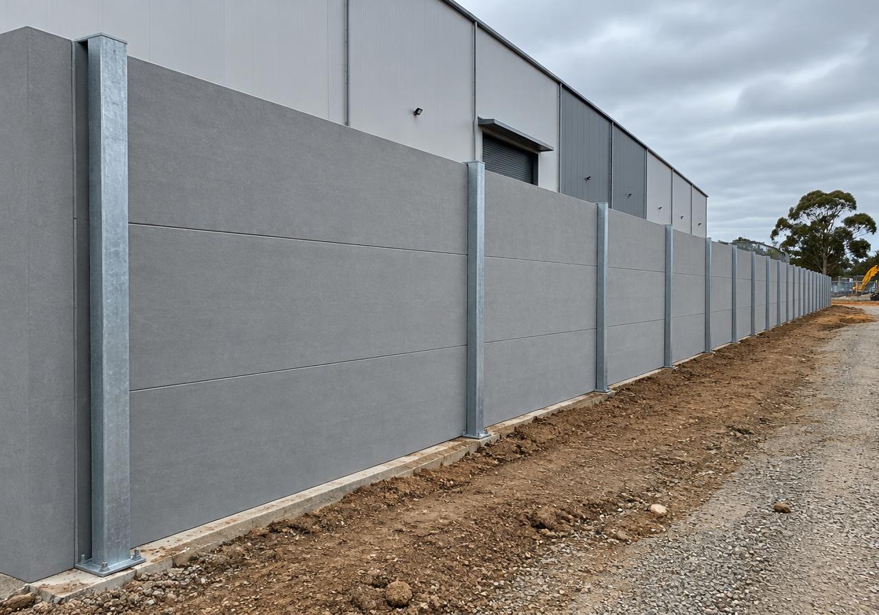 Illustrative modular composite sound barrier wall panels between galvanised steel posts at an industrial site